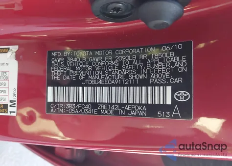 2010 Toyota Corolla Le из США, поврежденный, VIN JTDBU4EE0A9112111